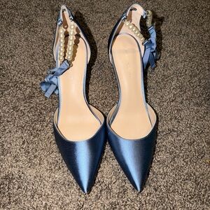 Stuart Weitzman Blue Satin Heels with Pearl Detail